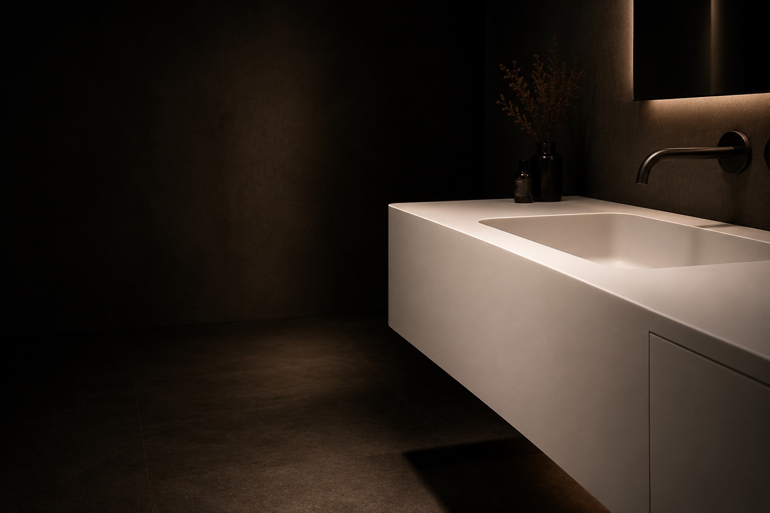 Wandhängender Corian-Waschtisch mit integriertem Becken in einem dunklen, ruhigen Bad
